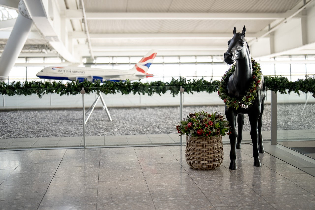 Christmas decorations in the lounge at Heathrow Terminal 5
