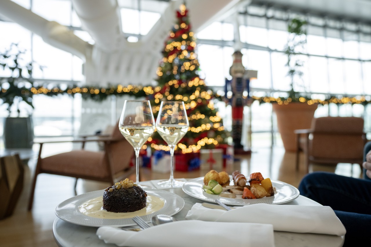 Christmas decorations in lounge at Heathrow Terminal 5 