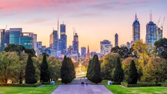 View of Melbourne city skyline at twilight in Australia