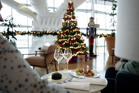 Christmas decorations in the lounge at Heathrow Terminal 5 